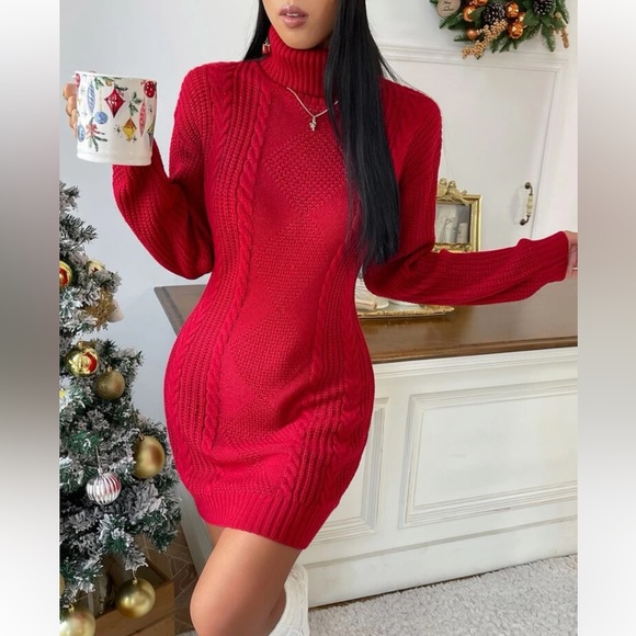 SHEIN Dresses & Skirts - 🌟 Host Pick🌟Red cable-knit turtleneck sweater dress size small